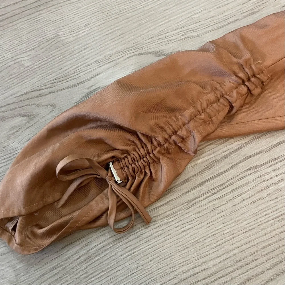 Tibi Medini Twill Pant in Sable Brown Sculpted Trousers Ankle Tie Pleat Skinny